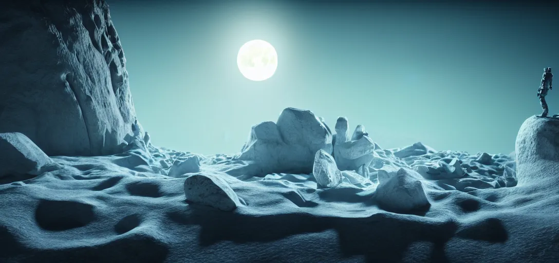 Image similar to octane render uhd, filmic lighting, cinematic art shot, hyperrealistic, hyperdetailed, super detailed, 8 k, high resolution, moon landscape, white rocks made of bone, 8 k uhd matte painting, mega high white mountain, midnight