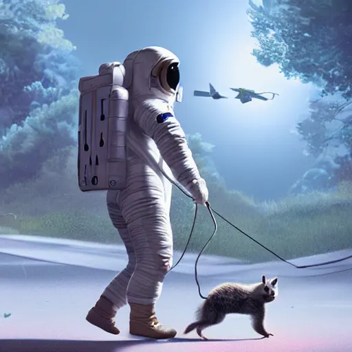 Prompt: an astronaut walking a racoon on a leash in a suburban neighbourhood, artstation, 4 k, epic composition, realistic, cgsociety