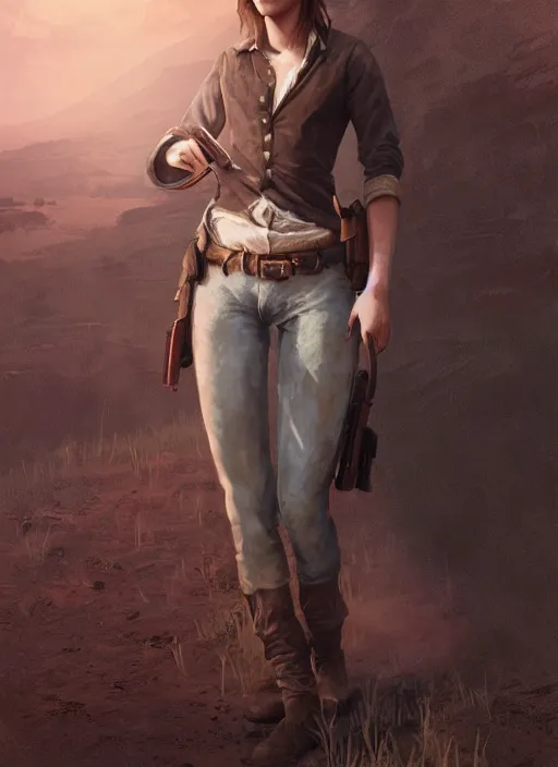 Image similar to highly detailed full body portrait of emma watson red dead redemption art, horse back, unreal engine, fantasy art by greg rutkowski