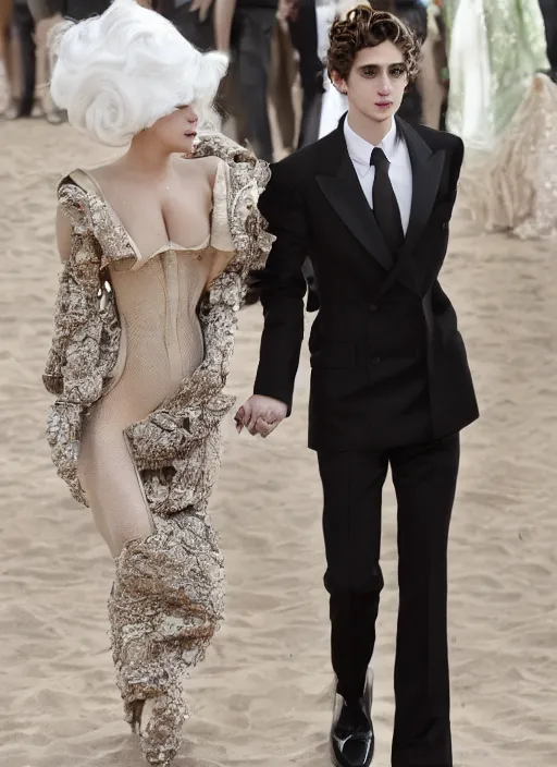 Prompt: lady gaga meeting timothee chalamet, holding hands, styled by annie leibovitz, posing, old hollywood themed, classy, glamour, full body shot, set pieces, intricate set, vogue magazine, canon, highly realistic. high resolution. highly detailed. dramatic. 8 k. 4 k.