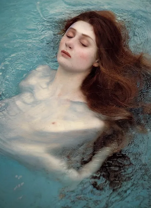 Image similar to Kodak Portra 400, 8K, soft light, volumetric lighting, highly detailed, britt marling style 3/4 , portrait photography of a beautiful woman how pre-Raphaelites by Giovanni Gastel with her eyes closed,inspired by Ophelia Millais Paint , the face emerges from water of Pamukkale, underwater face, the hair are intricate with highly detailed realistic beautiful brunches and flowers like crown, anatomical real full body dressed ethereal lace dress floating in water surface , Realistic, Refined, Highly Detailed, outdoor soft pastel lighting colors scheme, outdoor fine art photography, Hyper realistic, photo realistic