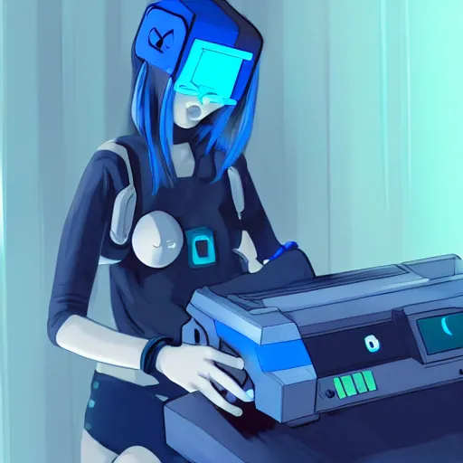 Prompt: depressed blue girl cyborg playing gamecube in a messy dorm, full shot, artstation,