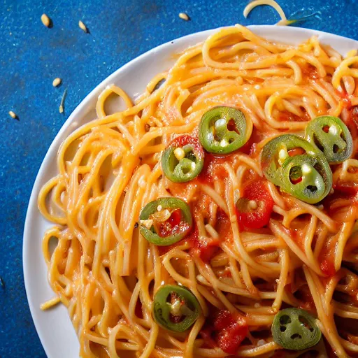 Image similar to super cheesy spaghetti topped with jalapenos, 4 k closeup