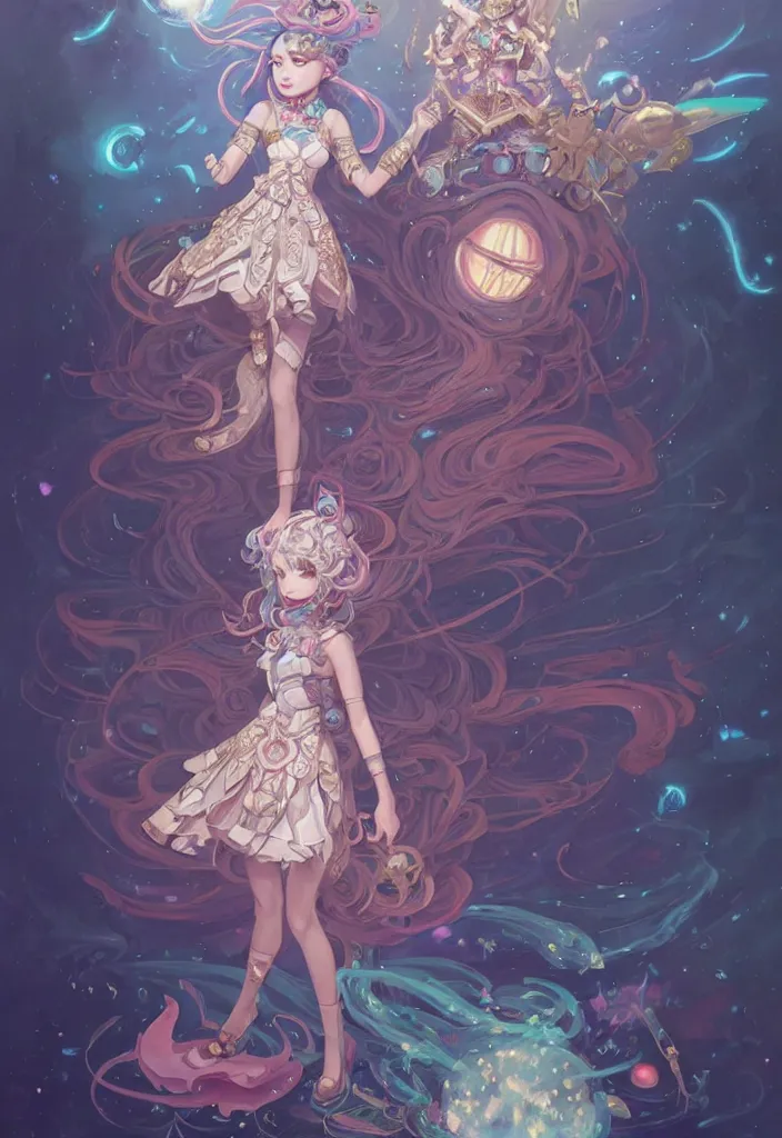 Image similar to full body picture of an maximalist dress magical girl, neat hair with bangs, smug face, extremely beautiful and aesthetic and detailed cute face and eyes, wipe out evils with cute astronaut familiar sprites, aming the magical beams to the camera, chiaroscuro, intricate, masterpiece, epic fantasy illustrations by peter mohrbacher and anato finnstark and jeremy lipking