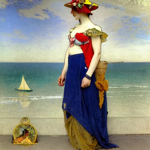 Image similar to A girl with jester hat and clothes on a greek archi circle on the front of a Balustrade with a beach and a sail boat on the background, major arcana clothes, by alphonse mucha and arnold böcklin arnold böcklin arnold böcklin, paul delaroche, hyperrealistic 8k, very detailed