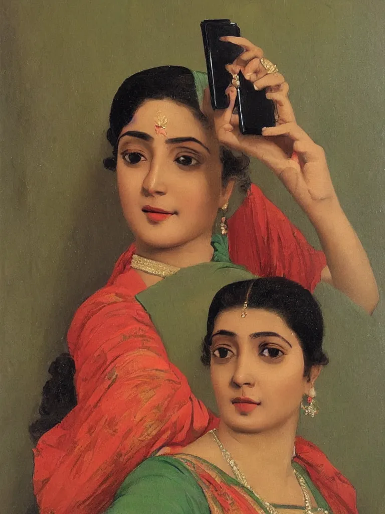 Image similar to a portrait of a lady using iphone and cliking selfie, painting by raja ravi verma