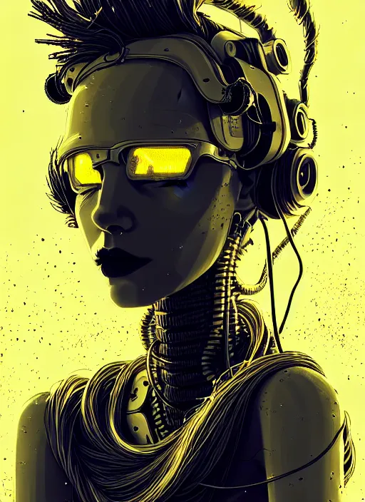 Image similar to highly detailed portrait of wasteland punk long curly bright yellow and white plasma electricity hair tribal lady, stray electric spark wiring by atey ghailan, james gilleard, by joe fenton, by greg rutkowski, by greg tocchini, by kaethe butcher, 4 k resolution, gradient yellow, black and white color scheme!!! ( ( lightning cloudy robotic dystopian city background ) )