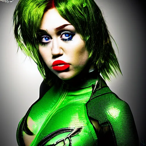 Image similar to miley cyrus as poison ivy, dc, movie, photography, portrait, beautiful,
