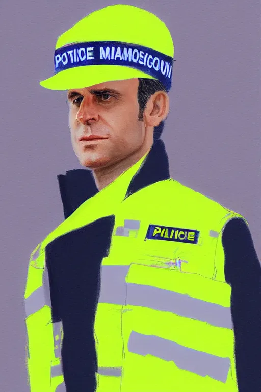 Image similar to emmanuel macron wearing a hivis police uniform, highly detailed, digital art, sharp focus, trending on art station