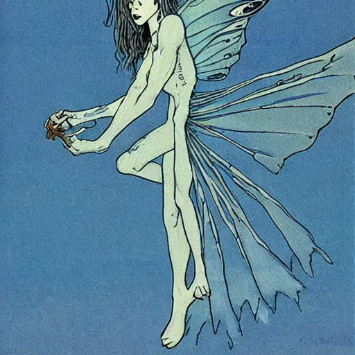 Prompt: long dark hair man with light blue eyes and scars, flying with his blue spren fairy called syl by Moebius,