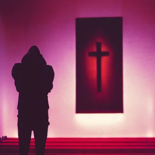 Prompt: a photo of kendrick lamar grieving at a church, dramatic, ektachrome, vintage, wide angle, warm color palette, light mode, 2. 5 - dimensional, 1 6 k, ultra - hd, megapixel, cga, rays of shimmering light, screen space reflections