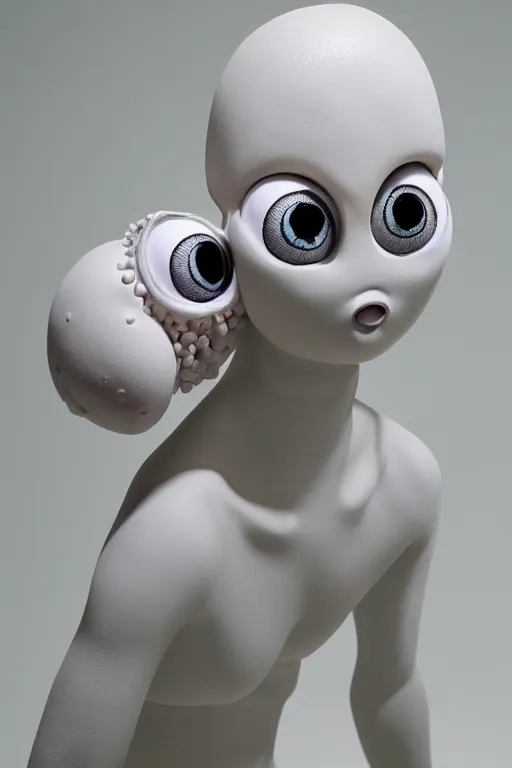 Prompt: full head and shoulders, beautiful porcelain female person, mixed with giant frog spawn eyes, smooth, delicate facial features, white detailed eyes, white lashes, 3 d white shiny thick, larg tentacles and eyeballs by daniel arsham and james jean, featured in pictoplasma