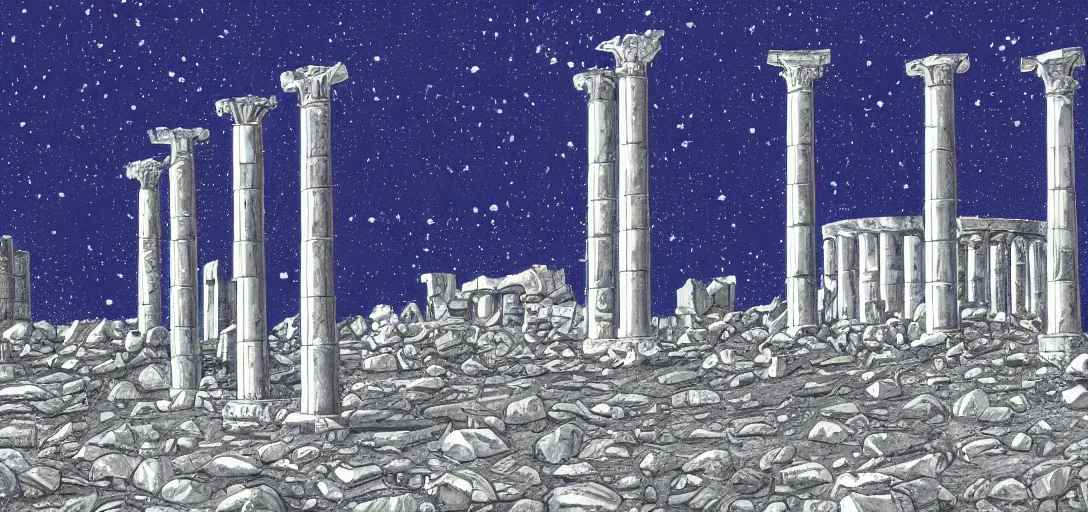 Image similar to The ruins of the Silver Millennium on the moon from Sailor Moon, digital painting, Earth in the distance, Greek-esque columns and ruins