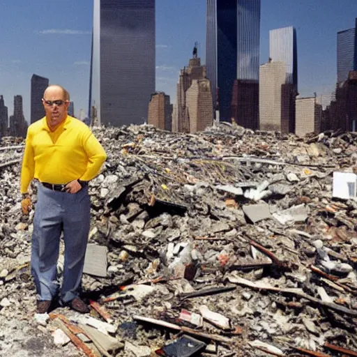 Prompt: a wide shot of a very drunk evil Rudy Giuliani squatting smiling wearing a yellow speedo on top of the world trade center rubble pile in new york