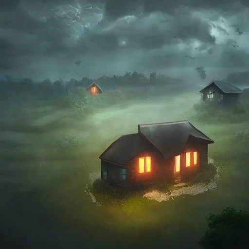 Prompt: unique house design, concept art, video game, award winning, strange, unusual, organic, earthen, vivid, lighting, volumetric, misty, rain, windows