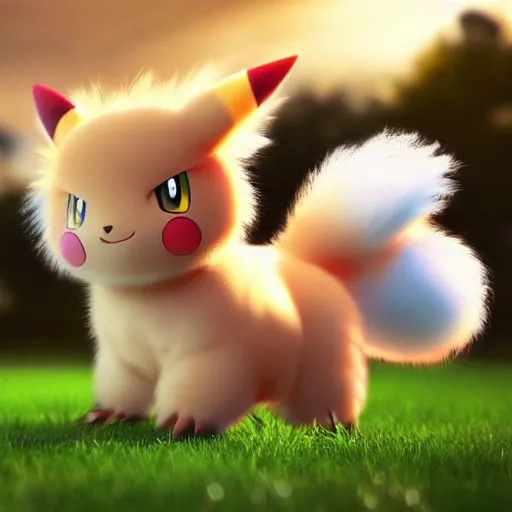 Image similar to real life Pokemon, cute!!!, fluffy!!!, ultra realistic!!!, golden hour, ultra detailed, sharp focus