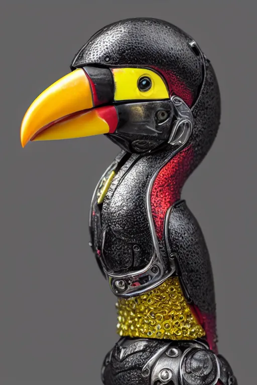 Prompt: a macro photo of a cyborg toucan miniature figurine, dynamic pose, chrome parts, intricate details, intricately detailed textures, warm lighting, vivid colors, realistic octane render, hyper realistic render, volumetric shading, depth of field, raytracing, 8 k,