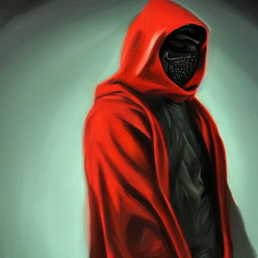 Image similar to hooded ninja, oil painting, portrait, intricate complexity, rule of thirds, character concept, dramatic lighting, complementary colors