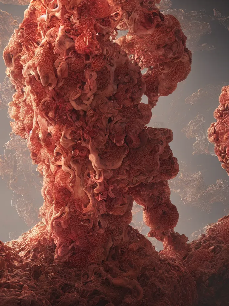 Prompt: symmetrical simulacrum of a space fungus by roberto ferri. beautiful natural forms, reishi, coral veil, molecular gastronomy burning water. intricate artwork by tooth wu and wlop and beeple and dan mumford, mushroom. octane render, cinematic, hyper realism, octane render, 8 k, pearlescent aura, vibrant