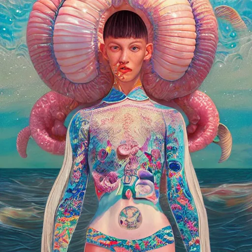 Image similar to pretty model with ocean and shell : : by martine johanna and simon stalenhag and chie yoshii and casey weldon and wlop : : ornate, dynamic, particulate, rich colors, intricate, elegant, highly detailed, vogue, harper's bazaar art, fashion magazine, smooth, sharp focus, 8 k, octane render