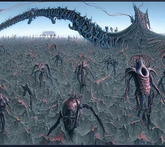 Image similar to biomechanical landscape and crowd of people walking towards giant machine by wayne barlowe