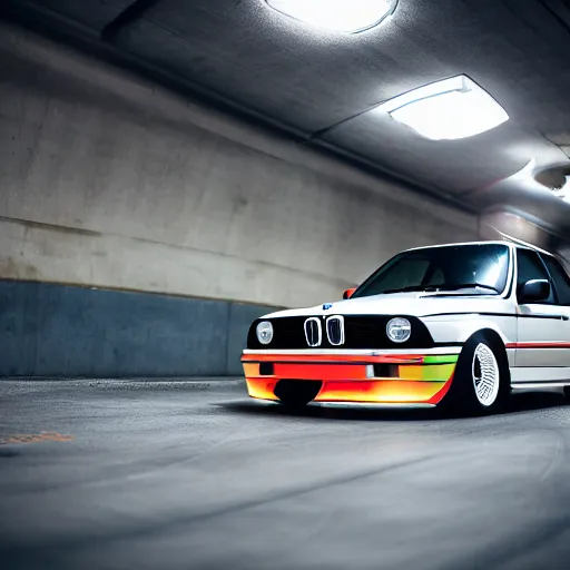 Image similar to a modified bmw e 3 0 with lights on in a futuristic neon parking garage, 3 5 mm photography, car photography, clean lines, realistic