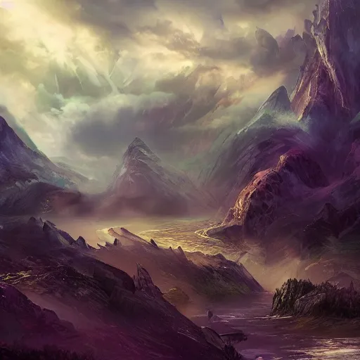 Image similar to fantasy book cover painting, dramatic shot of a lively landscape in the country, wallpaper by Ross Tran