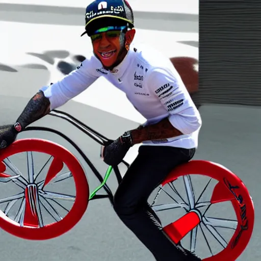 Image similar to Lewis Hamilton riding a unicycle, photo realistic