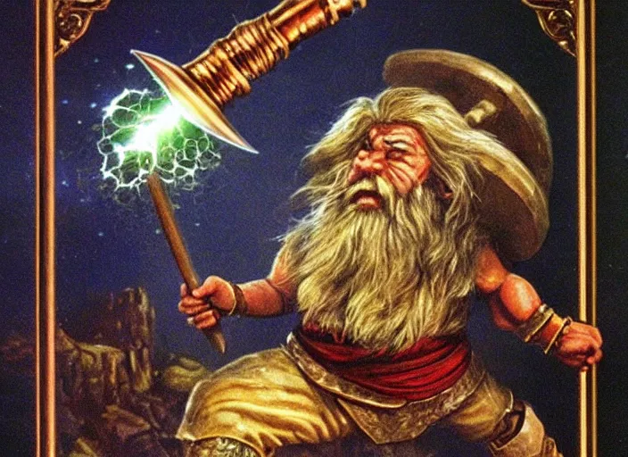 Image similar to a dwarf sorcerer holding a pickaxe and a large jewel. his eyes are glowing. high fantasy art ( 1 9 8 7 )