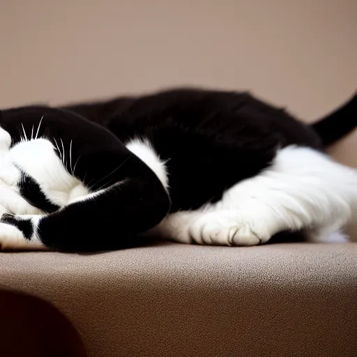 Prompt: photorealistic sleeping tuxedo cat, award winning photo