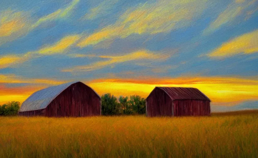 Prompt: barn in a dry grass field at sunset, impressionist painting, oil on canvas, golden hour, beautiful lighting
