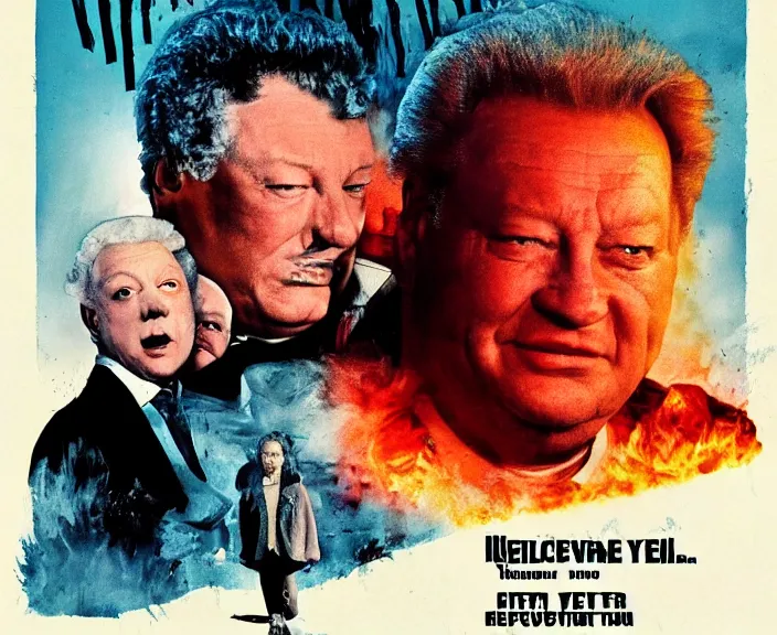 Prompt: poster for the blockbuster movie yeltsin went to hell, infernal art in good quality, scary picture in color, advanced lighting technology