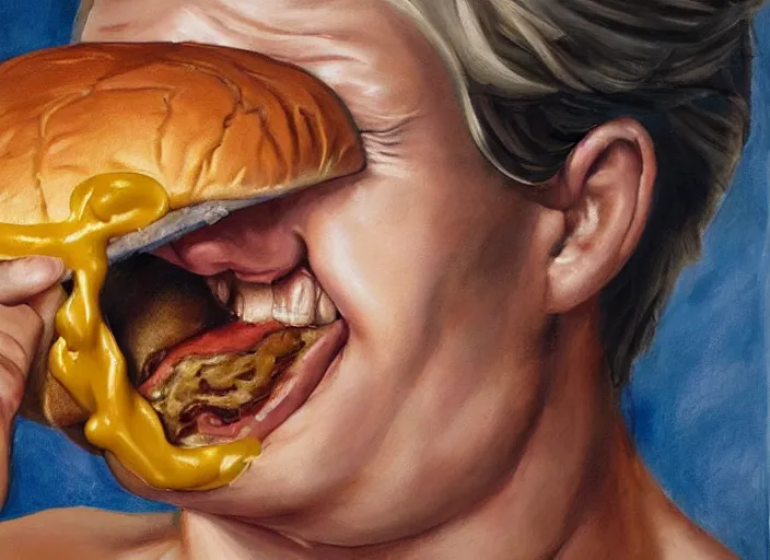 Image similar to realistic painting by jenny saville of!! donald trump!! licking a! cheeseburger!, art by jenny saville and tom bagshaw, detailed, sharp, smooth,! hamburger!