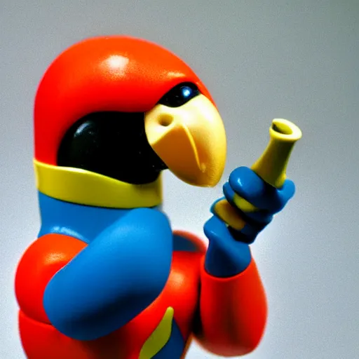 Image similar to 1980s plastic vinyl action figure toy of a humanoid parrot man with muscular arms, studio photography isolated on a white background