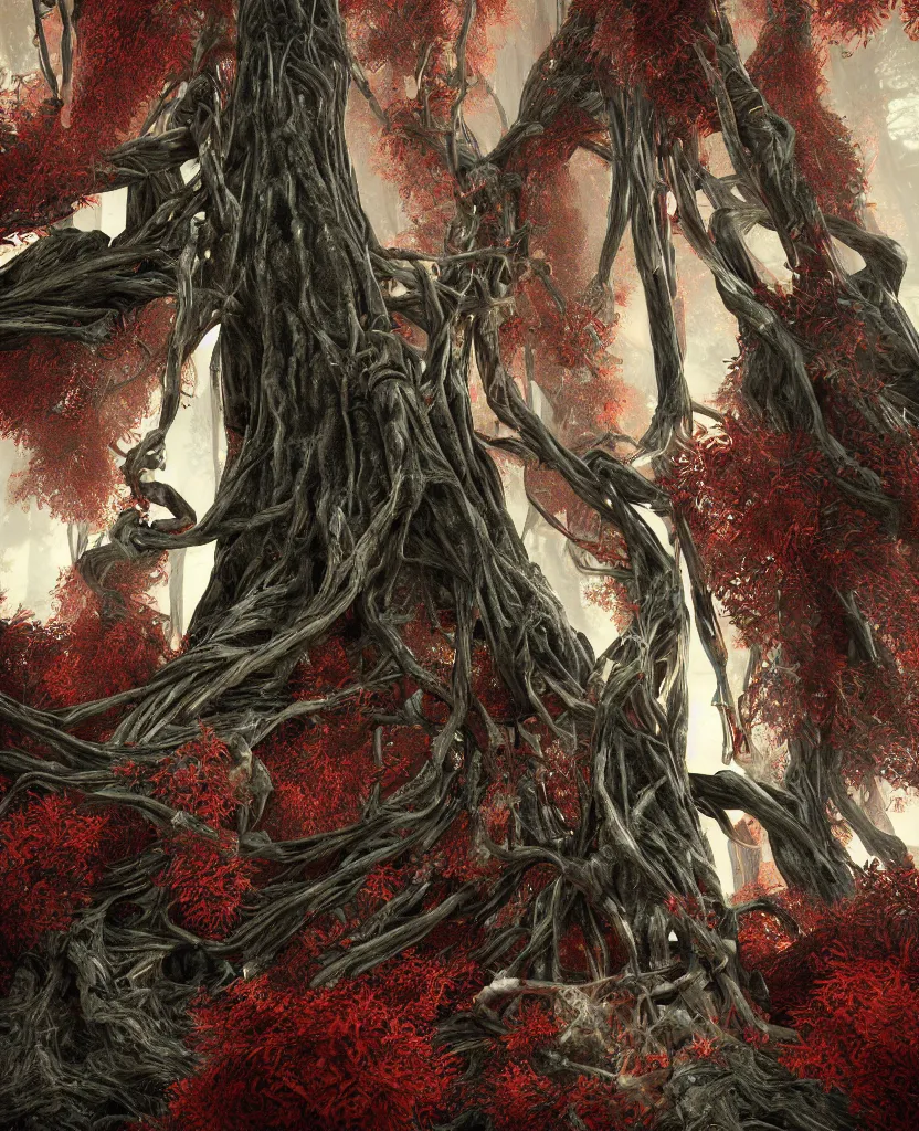 Image similar to sacred giant tree with a skeleton tangled in the tree trunk, red forest, epic painting, octane render, extremely detailed