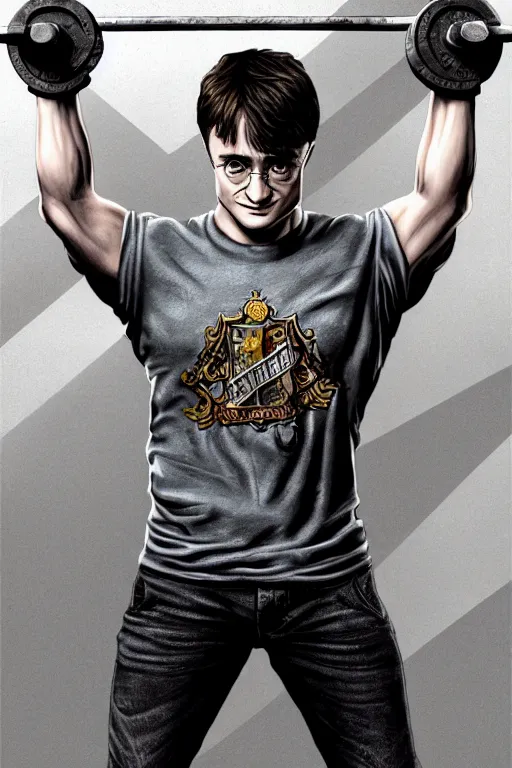 Image similar to highly detailed rendering of Daniel Radcliffe as Harry Potter doing barbell back squats, dingy gym, wearing a muscle tee shirt, symmetrical, highly detailed, digital painting, artstation, concept art, smooth, sharp focus, illustration, cinematic lighting, art by artgerm and greg rutkowski and alphonse mucha