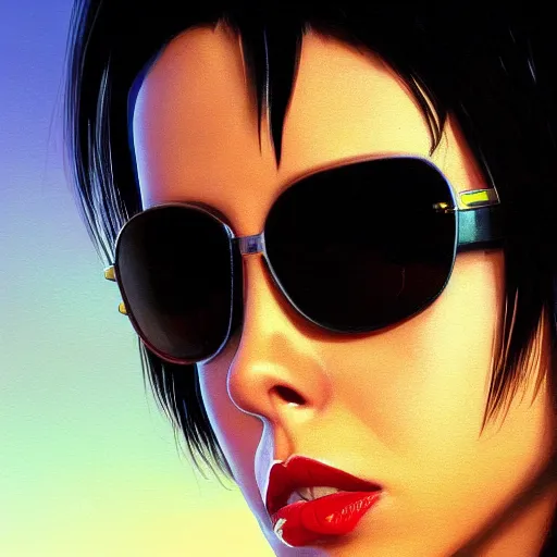 Prompt: a closeup portrait of a young joan jett as a cyberpunk protagonist, sunglasses, augmented, dramatic light, city background, megacity, sunset, high contrast, sharp, painted by stanley lau, painted by greg rutkowski, painted by stanley artgerm, digital art, trending on artstation