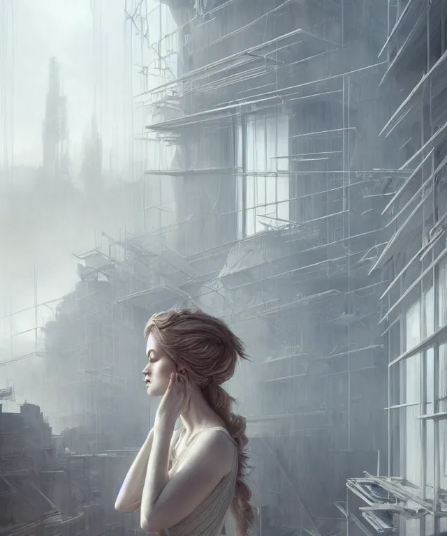 Prompt: view from a white window of a construction site by charlie bowater and anna dittmann and artgerm and clemens ascher, intricate, elegant, beige mist, highly detailed, dramatic lighting, sharp focus, octane render, trending on artstation, artstationhd, artstationhq, unreal engine, 4 k, 8 k