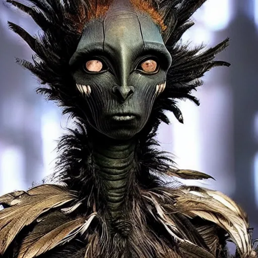 Image similar to humanoid alien species with human face, black feathers instead of hair, feathers growing out of skin, wings growing out of arms, transformation, tim burton, guillermo del toro