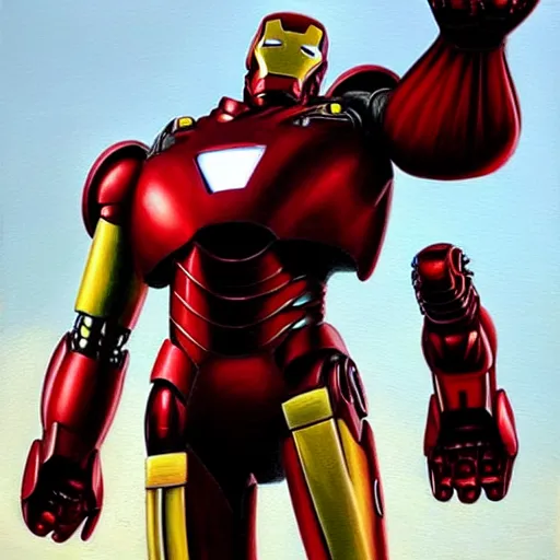 Image similar to Photorealistic oil painting of a scrap built Iron Man suit flying in a Post Apocalyptic world