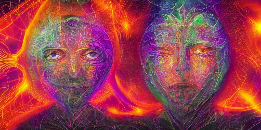 Image similar to trasnformation into transcendence into collaborative intelligence, endless collaboration with ai, connectedness, body, by alex grey, album cover, award winning, beautiful, colorful, volumetric lighting, trending on artstation, cinematic