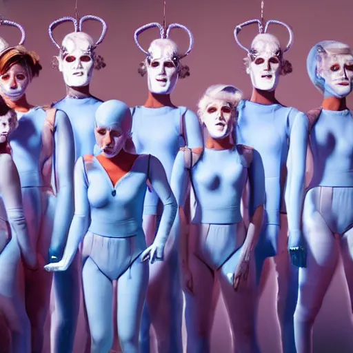 Image similar to troop of cloned freakshow women with white bob hairdos, tight light blue neopren suits, futuristic production facility, sci - fi, highly detailed, cinematic