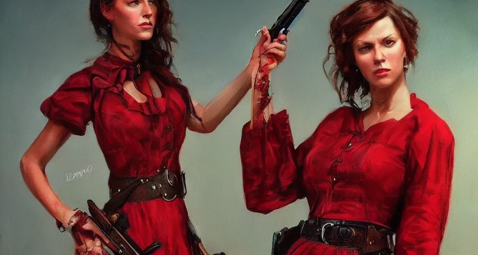 Image similar to a woman in a red wild west dress holding a shotgun, realistic painting by drew struzan, anatomically correct, beautiful, soft lighting, artstation