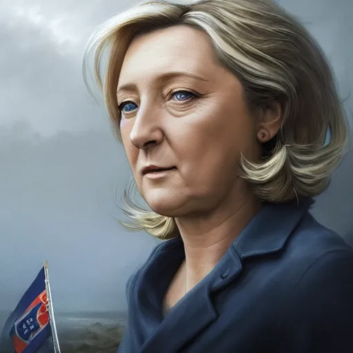 Image similar to Portrait of Marine le Pen , heroic, amazing splashscreen artwork, splash art, head slightly tilted, natural light, elegant, intricate, fantasy, atmospheric lighting, cinematic, matte painting, detailed face, by Greg rutkowski