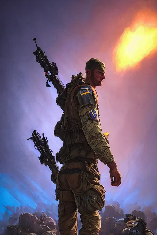 Image similar to special forces soldier with ukrainian blue yellow flag standing on a pile of skulls as a winner, masculine figure, d & d, fantasy, bright atmosphere, volumetric lights, intricate, elegant, extremely detailed, digital painting, artstation, concept art, matte, smooth, sharp focus, hyper realistic, illustration, art by artgerm and greg rutkowski and alphonse mucha