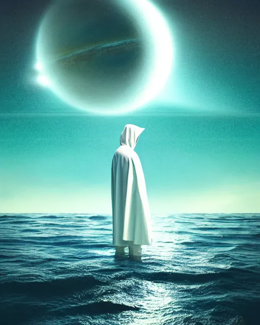 Image similar to a person wearing a white cloak standing in the water. a large planet is overhead. an album cover by stanley twardowicz, trending on cg society, retrofuturism, retrowave, chillwave, synthwave