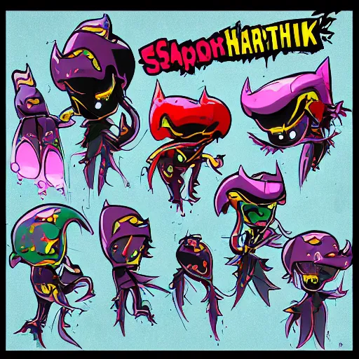 Image similar to character design sheets for a new sinister vampire squid character, artwork in the style of splatoon from nintendo, art by tim schafer from double fine studios, black light, neon, spray paint, punk outfit, tall thin toothpick like frame adult character, fully clothed, gothic, color explosion, colorful, gothic rainbow, sparkles and glitter, pop art