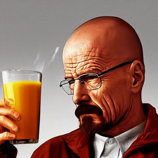 Image similar to portrait of walter white drinking orange juice, digital art, highly detailed and intricate, realistic and 8 k