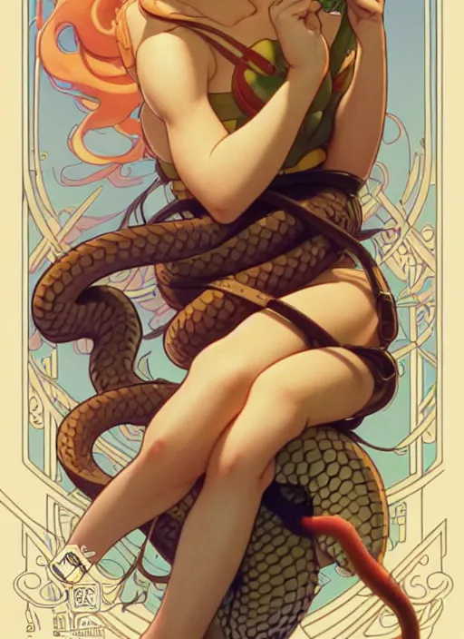 Prompt: cute snake trading card design, natural lighting, path traced, highly detailed, high quality, digital painting, by don bluth and ross tran and studio ghibli and alphonse mucha, artgerm