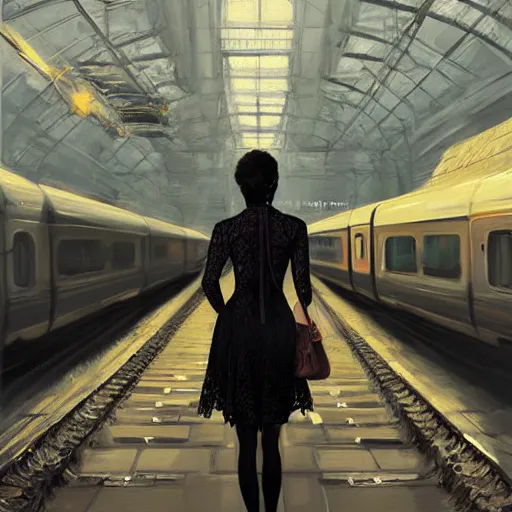 Prompt: woman in a black lace dress and thigh highs standing at a european train station, expressive oil painting, detailed digital art, by yoshitaka amano, by greg rutkowski, by dan mumford, highly detailed lineart, evening, volumetrics